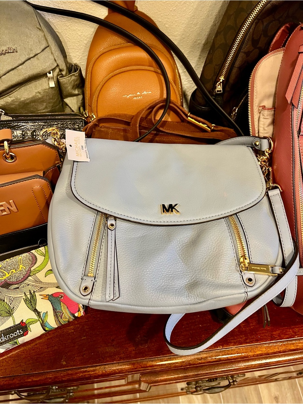 Michael Kors Pale Blue Leather Crossbody with Gold Hardware